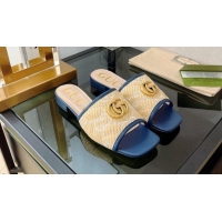 Sumptuous Gucci Raffia-Like Flat Slide Sandals Beige/Blue 072187