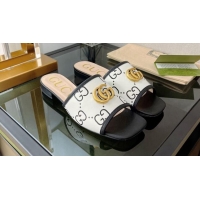 Perfect Gucci Leather Flat Slide Sandals White/Black 072190