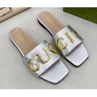 Low Price Gucci 'Gucci' Flat Slide Sandal Silver 081002