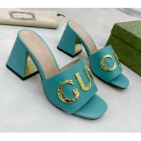 Unique Style Gucci 'Gucci' Medium Heel Slide Sandal 7.5cm Turquoise Green 081009