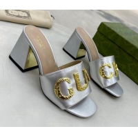 Popular Style Gucci 'Gucci' Medium Heel Slide Sandal 7.5cm Silver 081011