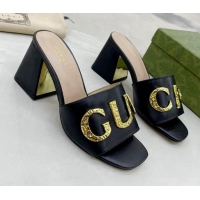 Shop Duplicate Gucci 'Gucci' Medium Heel Slide Sandal 7.5cm Black 081016