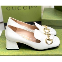 Classic Hot Gucci Leather Mid-heel Pumps 7.5cm with Horsebit White 081018