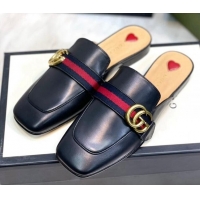 Lowest Price Gucci Leather Flat Mules with GG Web Black 081022