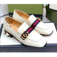 Best Grade Gucci Leather GG Loafers with Pearl Heel 3cm White 2081027