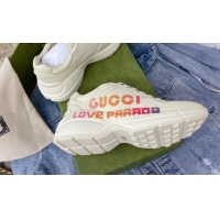 Top Grade Gucci Rhyton Leather Sneakers with Love Parade Print White 081030