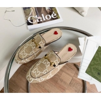 Classic Practical Gucci GG Raffia-Like Princetown Flat Mules Beige/White 081042