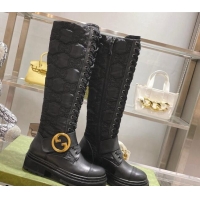 Purchase Gucci GG Embroidered Fabric High Boots with Interlocking G Black 081302