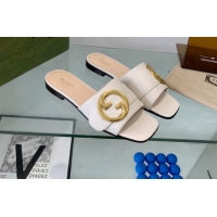 Unique Discount Gucci Blondie Leather Flat Slide Sandals White 082589