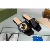 Top Grade Gucci Blondie Leather Flat Slide Sandals Black 082590