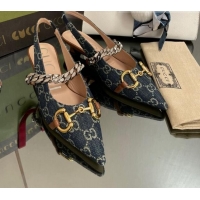 Best Grade Gucci GG Denim Slingback Pumps with Horsebit Blue 0825106