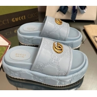 Good Looking Gucci GG Leather Platform Slide Sandals 5.5cm Blue 082727 