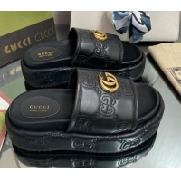 Good Quality Gucci GG Leather Platform Slide Sandals 5.5cm Black 082724