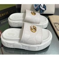 Luxury Gucci GG Leather Platform Slide Sandals 5.5cm White 082725