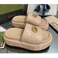 Luxury Gucci GG Leather Platform Slide Sandals 5.5cm Beige 082726