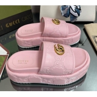 Perfect Gucci GG Leather Platform Slide Sandals 5.5cm Pink 082728