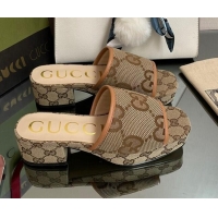 Best Price Gucci Maxi GG Canvas Heel Platform Slide Sandals Camel Brown 090880