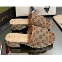 Top Grade Gucci GG Canvas Heel Platform Slide Sandals Camel/Orange 090881