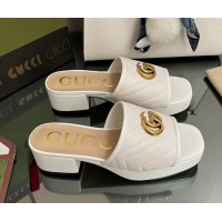 Best Product Gucci Chevron Leather Heel Platform Slide Sandals White 090883