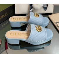 Charming Gucci Chevron Leather Heel Platform Slide Sandals Light Blue 090884