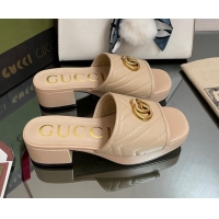 Good Quality Gucci Chevron Leather Heel Platform Slide Sandals Beige 090886