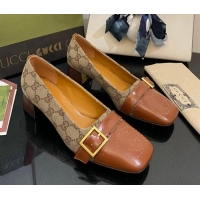 Perfect Gucci GG Canvas Pumps 4.5cm with Buckle Camel Brown 090888