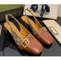 Shop Duplicate Gucci GG Canvas Slingback Pumps 4.5cm with Buckle Camel 090890