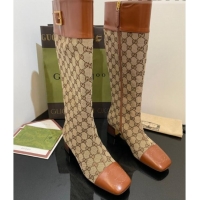 Good Looking Gucci GG Canvas Knee-High Boots 4.5cm with Buckle Camel 090892