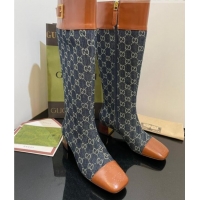 Grade Gucci GG Denim Knee-High Boots 4.5cm with Buckle Blue 090894