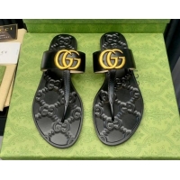 Perfect Gucci Leather Flat Thong Sandals with GG Black 091239