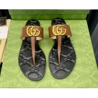 Stylish Gucci Leather Flat Thong Sandals with GG Brown 091241 