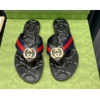 Top Grade Gucci Leather Flat Thong Sandals with Interlocking G Blue Web 091244