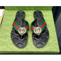 Durable Gucci Leather Flat Thong Sandals with Interlocking G Green Web 091245