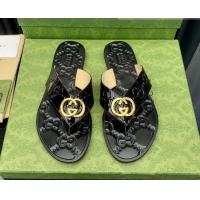 Unique Style Gucci Patent Leather Flat Thong Sandals with Interlocking G Black 091246