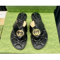 Perfect Gucci Leather Flat Thong Sandals with Interlocking G Black/Gold 091247