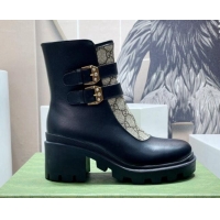 Good Looking Gucci GG Canvas and Leather Ankle Boots with Crystal Buckle Black/Beige 092170