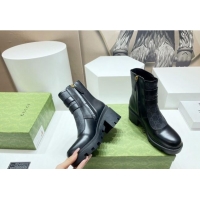 Shop Duplicate Gucci GG Canvas and Leather Ankle Boots with Crystal Buckle Black 092173