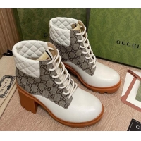 Good Quality Gucci GG Canvas and Leather Lace-up Ankle Boots 9cm White 092175