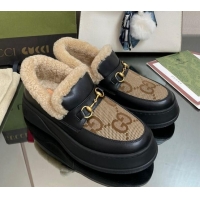 Luxurious Gucci Maxi-GG Canvas and Leather Loafers with Shearling Lining Brown/Black 101031