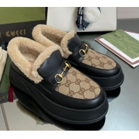 Classic Hot Gucci GG Canvas and Leather Loafers with Shearling Lining Camel/Black 101032