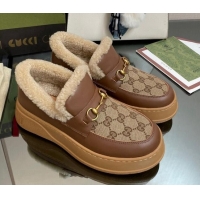 Classic Specials Gucci GG Canvas and Leather Loafers with Shearling Lining Camel/Brown 101033