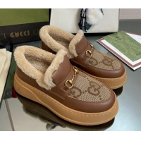 Good Product Gucci Maxi-GG Canvas and Leather Loafers with Shearling Lining Brown 101034