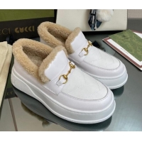 Classic Gucci Fabric and Leather Loafers with Shearling Lining White 101038