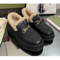 Fashion Gucci Fabric and Leather Loafers with Shearling Lining Black 101039 