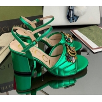 Sumptuous Gucci Metallic Leather Mid-Heel Sandals with Crystal Charm 7.5cm Green 101425