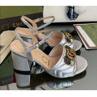 Perfect Gucci Metallic Leather Mid-Heel Sandals with Crystal Charm 7.5cm Silver 101426