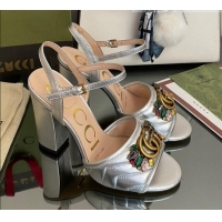 Low Cost Gucci Metallic Leather High-Heel Sandals with Crystal Charm 10.5cm Silver 101431