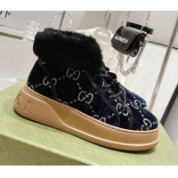 Fashion Gucci GG Velvet and Wool Lace-up Ankle Boots Navy Blue 1101100