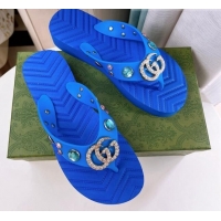 Best Price Gucci Rubber Flat Slide Sandals with Crystal Blue 101104