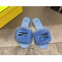 Cheap Fendi Signature Mink Fur Flat Slide Sandals Blue 080973